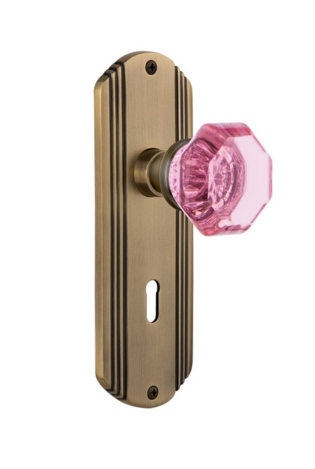 Nostalgic Warehouse - Deco Plate Interior Mortise Waldorf Pink Door Knob in Antique Brass - DECWAP - 726180 - 2 1/4" Backset