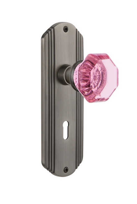 Nostalgic Warehouse - Deco Plate Interior Mortise Waldorf Pink Door Knob in Antique Pewter - DECWAP - 726184 - 2 1/4" Backset