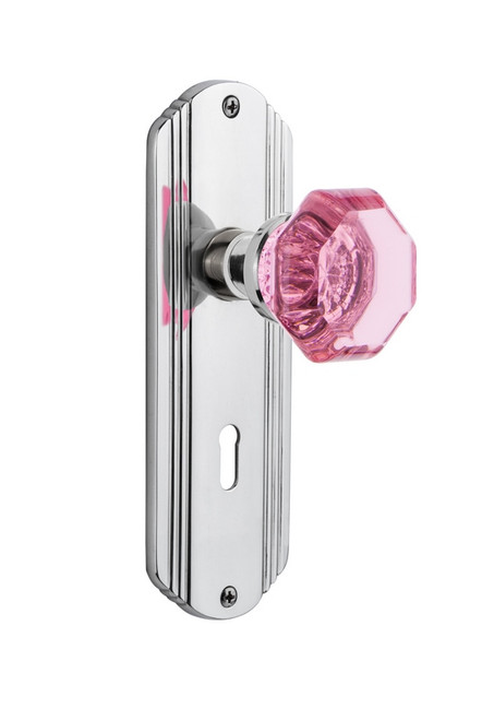 Nostalgic Warehouse - Deco Plate Interior Mortise Waldorf Pink Door Knob in Bright Chrome - DECWAP - 726188 - 2 1/4" Backset