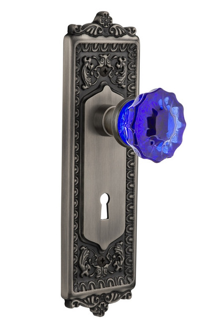 Nostalgic Warehouse - Egg & Dart Plate Interior Mortise Crystal Cobalt Glass Door Knob in Antique Pewter - EADCRC - 726215 - 2 1/4" Backset