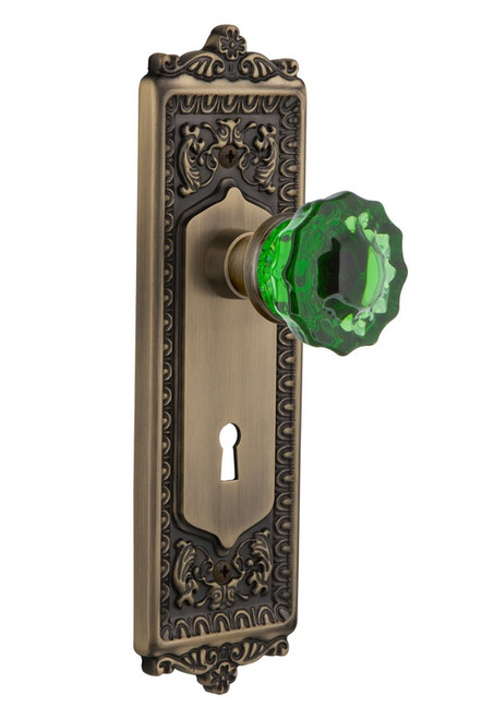 Nostalgic Warehouse - Egg & Dart Plate Interior Mortise Crystal Emerald Glass Door Knob in Antique Brass - EADCRE - 726213 - 2 1/4" Backset