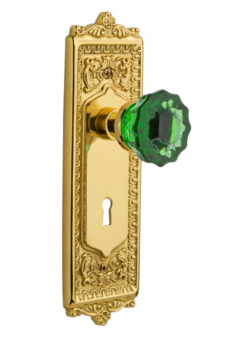 Nostalgic Warehouse - Egg & Dart Plate Interior Mortise Crystal Emerald Glass Door Knob in Polished Brass - EADCRE - 726222 - 2 1/4" Backset