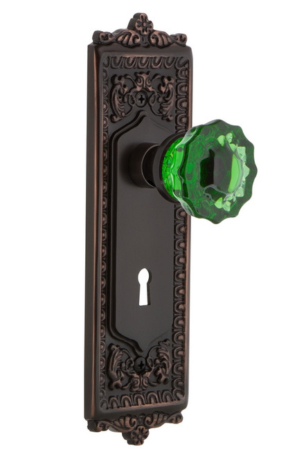 Nostalgic Warehouse - Egg & Dart Plate Interior Mortise Crystal Emerald Glass Door Knob in Timeless Bronze - EADCRE - 726228 - 2 1/4" Backset