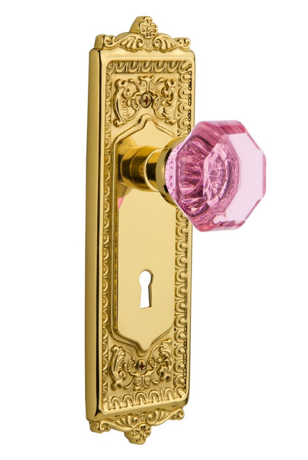 Nostalgic Warehouse - Egg & Dart Plate Interior Mortise Waldorf Pink Door Knob in Unlacquered Brass - EADWAP - 726257 - 2 1/4" Backset