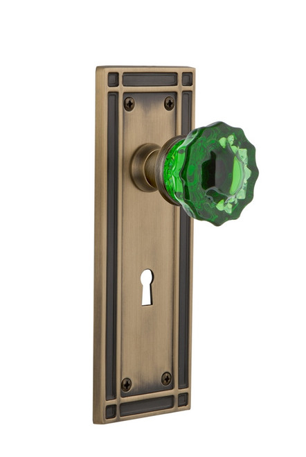 Nostalgic Warehouse - Mission Plate Interior Mortise Crystal Emerald Glass Door Knob in Antique Brass - MISCRE - 726311 - 2 1/4" Backset