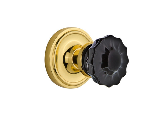 Nostalgic Warehouse - Classic Rosette Privacy Crystal Black Glass Door Knob in Unlacquered Brass - CLACRB - 727187 - 2 3/8" Backset