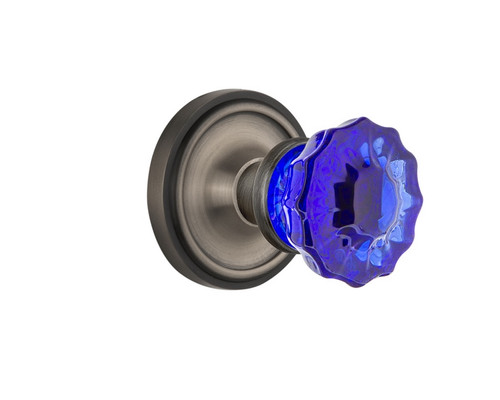 Nostalgic Warehouse - Classic Rosette Privacy Crystal Cobalt Glass Door Knob in Antique Pewter - CLACRC - 724078 - 2 3/8" Backset