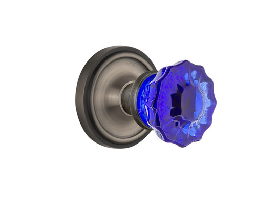 Nostalgic Warehouse - Classic Rosette Privacy Crystal Cobalt Glass Door Knob in Antique Pewter - CLACRC - 724087 - 2 3/4" Backset