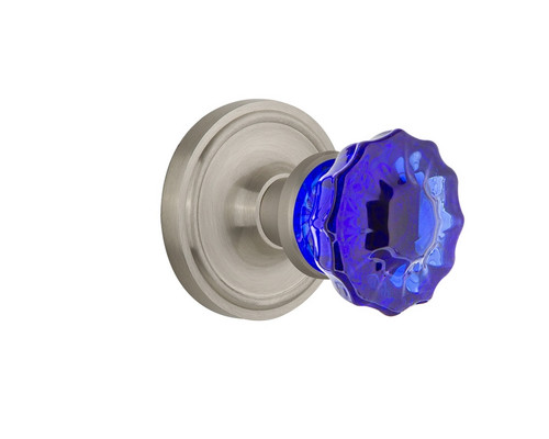 Nostalgic Warehouse - Classic Rosette Privacy Crystal Cobalt Glass Door Knob in Satin Nickel - CLACRC - 724099 - 2 3/4" Backset