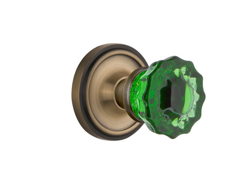 Nostalgic Warehouse - Classic Rosette Privacy Crystal Emerald Glass Door Knob in Antique Brass - CLACRE - 724076 - 2 3/8" Backset