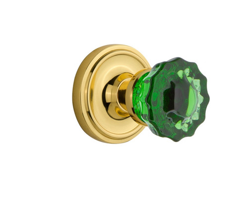 Nostalgic Warehouse - Classic Rosette Privacy Crystal Emerald Glass Door Knob in Polished Brass - CLACRE - 724097 - 2 3/4" Backset