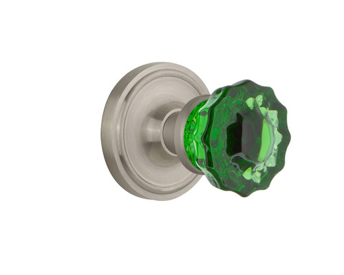 Nostalgic Warehouse - Classic Rosette Privacy Crystal Emerald Glass Door Knob in Satin Nickel - CLACRE - 724100 - 2 3/4" Backset