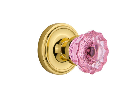 Nostalgic Warehouse - Classic Rosette Privacy Crystal Pink Glass Door Knob in Polished Brass - CLACRP - 724110 - 2 3/8" Backset