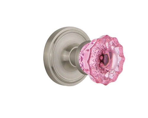 Nostalgic Warehouse - Classic Rosette Privacy Crystal Pink Glass Door Knob in Satin Nickel - CLACRP - 724098 - 2 3/4" Backset