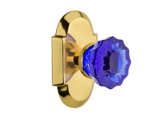 Nostalgic Warehouse - Cottage Plate Privacy Crystal Cobalt Glass Door Knob in Polished Brass - COTCRC - 724208 - 2 3/4" Backset