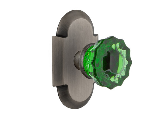 Nostalgic Warehouse - Cottage Plate Privacy Crystal Emerald Glass Door Knob in Antique Pewter - COTCRE - 724191 - 2 3/8" Backset