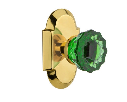 Nostalgic Warehouse - Cottage Plate Privacy Crystal Emerald Glass Door Knob in Polished Brass - COTCRE - 724221 - 2 3/8" Backset