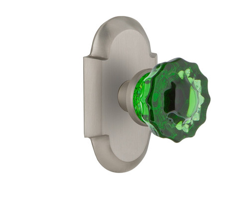 Nostalgic Warehouse - Cottage Plate Privacy Crystal Emerald Glass Door Knob in Satin Nickel - COTCRE - 724224 - 2 3/8" Backset