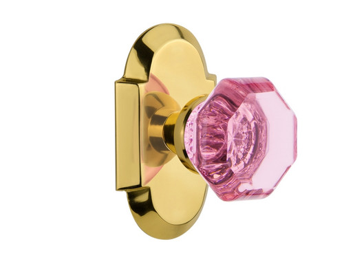 Nostalgic Warehouse - Cottage Plate Privacy Waldorf Pink Door Knob in Polished Brass - COTWAP - 724257 - 2 3/4" Backset