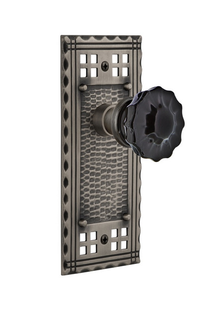 Nostalgic Warehouse - Craftsman Plate Privacy Crystal Black Glass Door Knob in Antique Pewter - CRACRB - 727205 - 2 3/4" Backset