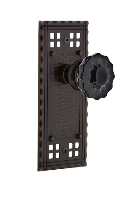 Nostalgic Warehouse - Craftsman Plate Privacy Crystal Black Glass Door Knob in Timeless Bronze - CRACRB - 727211 - 2 3/8" Backset