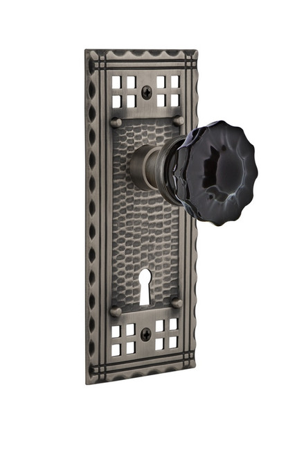 Nostalgic Warehouse - Craftsman Plate with Keyhole Privacy Crystal Black Glass Door Knob in Antique Pewter - CRACRB - 727345 - 2 3/4" Backset