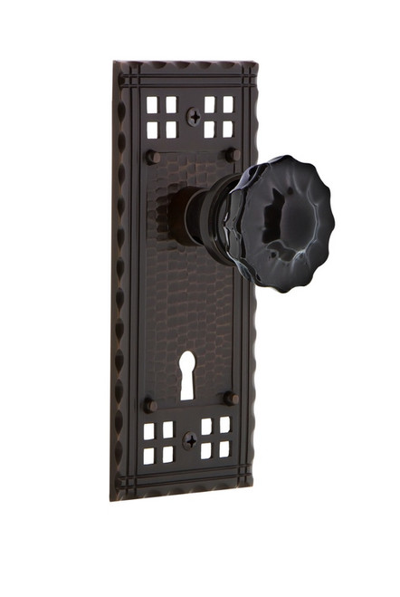 Nostalgic Warehouse - Craftsman Plate with Keyhole Passage Crystal Black Glass Door Knob in Timeless Bronze - CRACRB - 726791 - 2 3/8" Backset