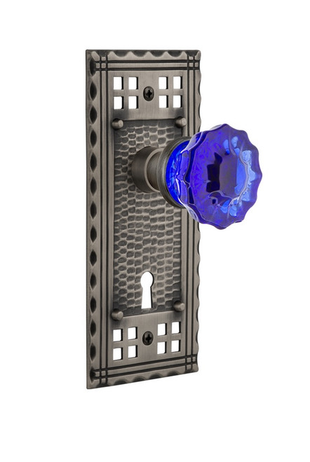 Nostalgic Warehouse - Craftsman Plate with Keyhole Passage Crystal Cobalt Glass Door Knob in Antique Pewter - CRACRC - 721354 - 2 3/4" Backset