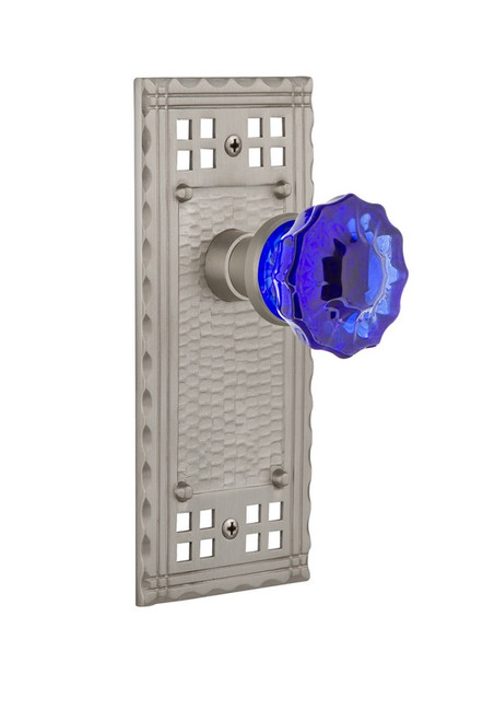 Nostalgic Warehouse - Craftsman Plate Privacy Crystal Cobalt Glass Door Knob in Satin Nickel - CRACRC - 724300 - 2 3/4" Backset