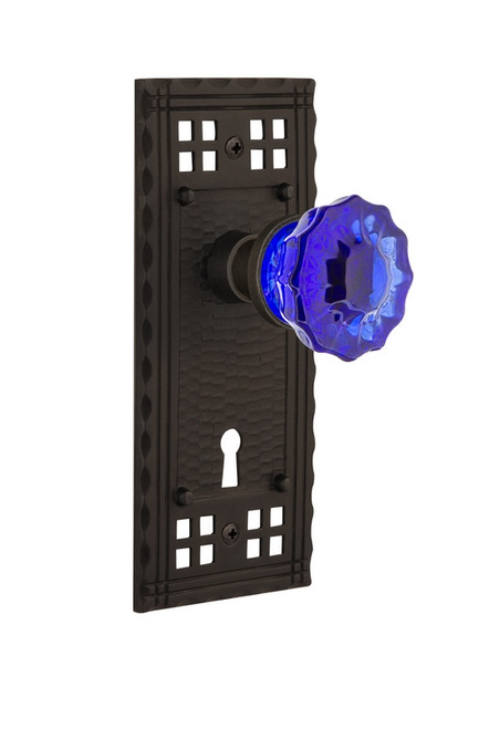 Nostalgic Warehouse - Craftsman Plate with Keyhole Privacy Crystal Cobalt Glass Door Knob in Oil-Rubbed Bronze - CRACRC - 725286 - 2 3/8" Backset