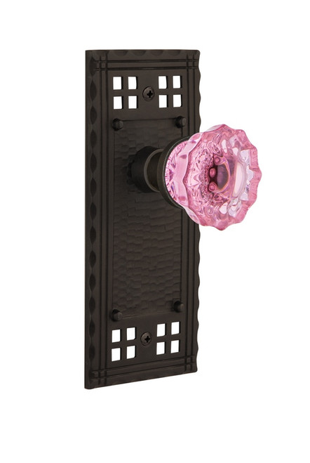 Nostalgic Warehouse - Craftsman Plate Passage Crystal Pink Glass Door Knob in Oil-Rubbed Bronze - CRACRP - 720376 - 2 3/4" Backset
