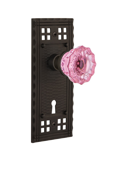 Nostalgic Warehouse - Craftsman Plate with Keyhole Passage Crystal Pink Glass Door Knob in Oil-Rubbed Bronze - CRACRP - 721356 - 2 3/4" Backset