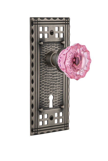 Nostalgic Warehouse - Craftsman Plate with Keyhole Privacy Crystal Pink Glass Door Knob in Antique Pewter - CRACRP - 725267 - 2 3/8" Backset