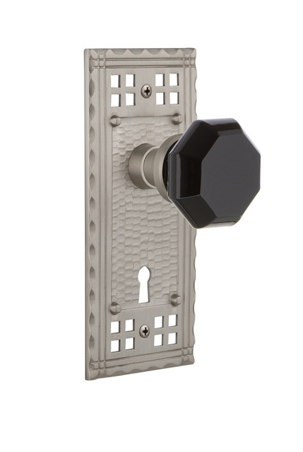 Nostalgic Warehouse - Craftsman Plate with Keyhole Privacy Waldorf Black Door Knob in Satin Nickel - CRAWAB - 725317 - 2 3/4" Backset