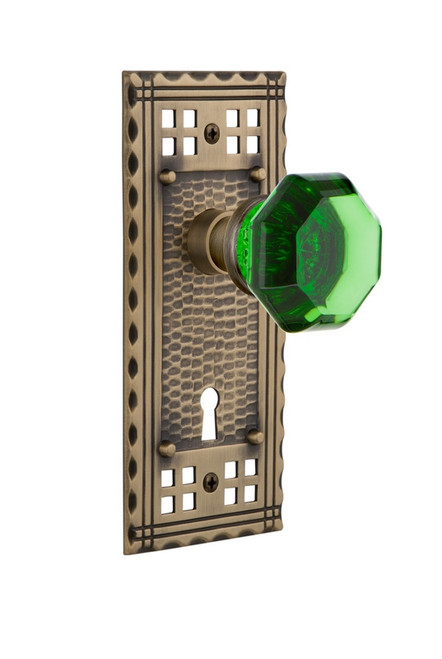 Nostalgic Warehouse - Craftsman Plate with Keyhole Privacy Waldorf Emerald Door Knob in Antique Brass - CRAWAE - 725296 - 2 3/8" Backset