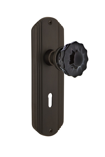 Nostalgic Warehouse - Deco Plate with Keyhole Passage Crystal Black Glass Door Knob in Oil-Rubbed Bronze - DECCRB - 726798 - 2 3/4" Backset