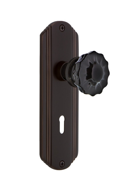 Nostalgic Warehouse - Deco Plate with Keyhole Passage Crystal Black Glass Door Knob in Timeless Bronze - DECCRB - 726806 - 2 3/8" Backset