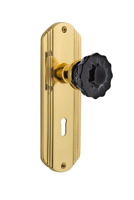 Nostalgic Warehouse - Deco Plate with Keyhole Passage Crystal Black Glass Door Knob in Unlacquered Brass - DECCRB - 726807 - 2 3/8" Backset