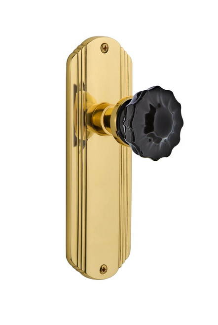 Nostalgic Warehouse - Deco Plate Privacy Crystal Black Glass Door Knob in Unlacquered Brass - DECCRB - 727227 - 2 3/8" Backset