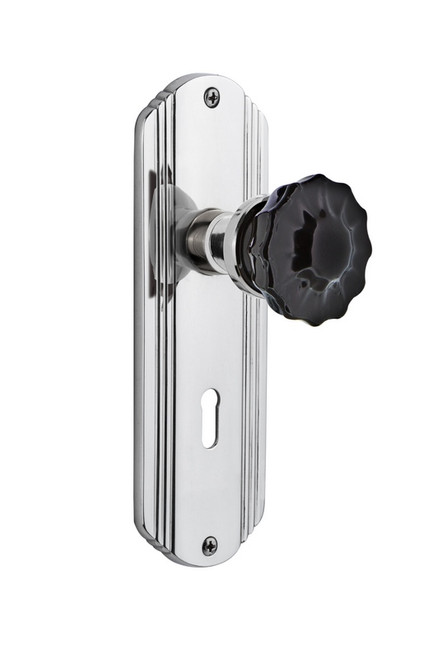 Nostalgic Warehouse - Deco Plate with Keyhole Privacy Crystal Black Glass Door Knob in Bright Chrome - DECCRB - 727357 - 2 3/4" Backset
