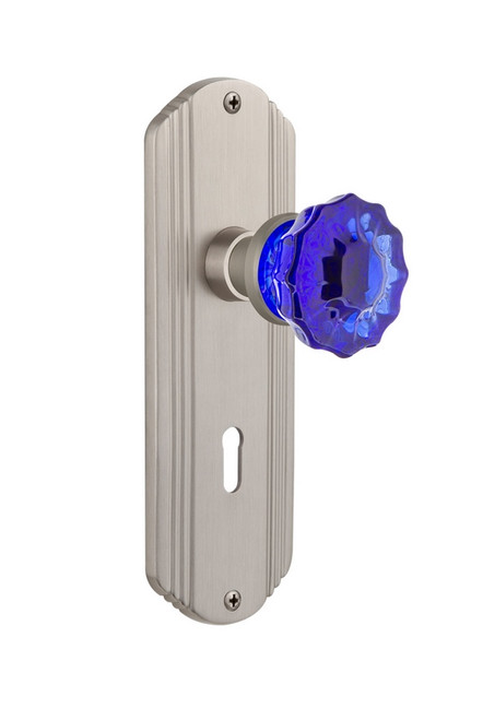 Nostalgic Warehouse - Deco Plate with Keyhole Passage Crystal Cobalt Glass Door Knob in Satin Nickel - DECCRC - 721439 - 2 3/4" Backset