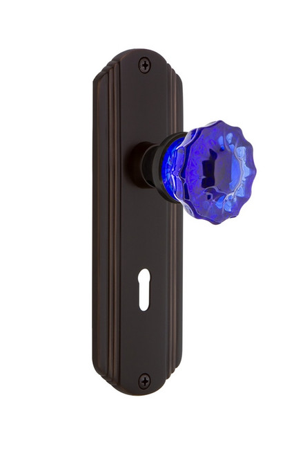 Nostalgic Warehouse - Deco Plate with Keyhole Passage Crystal Cobalt Glass Door Knob in Timeless Bronze - DECCRC - 721457 - 2 3/8" Backset