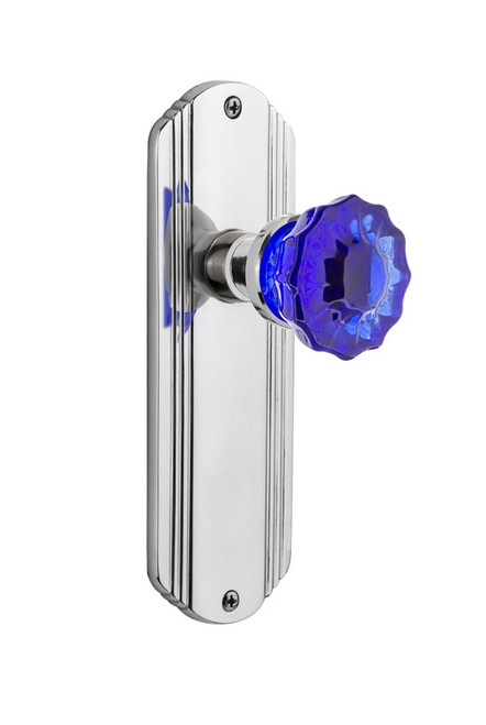 Nostalgic Warehouse - Deco Plate Passage Crystal Cobalt Glass Door Knob in Bright Chrome - DECCRC - 720441 - 2 3/8" Backset