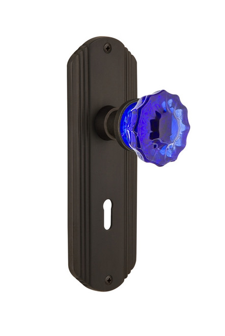 Nostalgic Warehouse - Deco Plate with Keyhole Privacy Crystal Cobalt Glass Door Knob in Oil-Rubbed Bronze - DECCRC - 725353 - 2 3/4" Backset