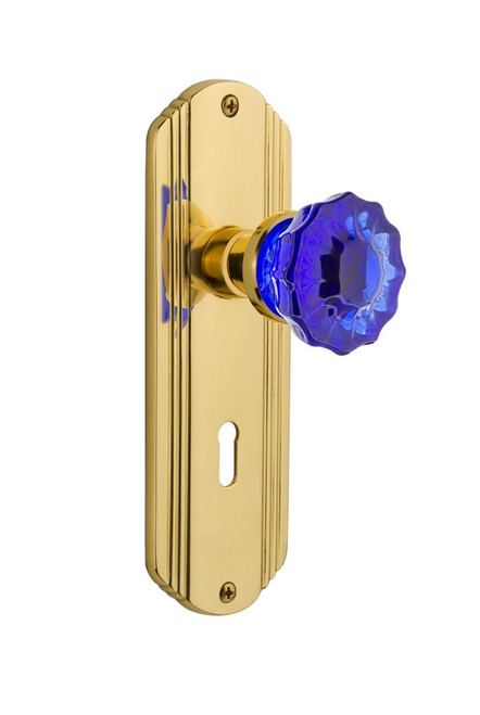 Nostalgic Warehouse - Deco Plate with Keyhole Privacy Crystal Cobalt Glass Door Knob in Unlacquered Brass - DECCRC - 725380 - 2 3/8" Backset