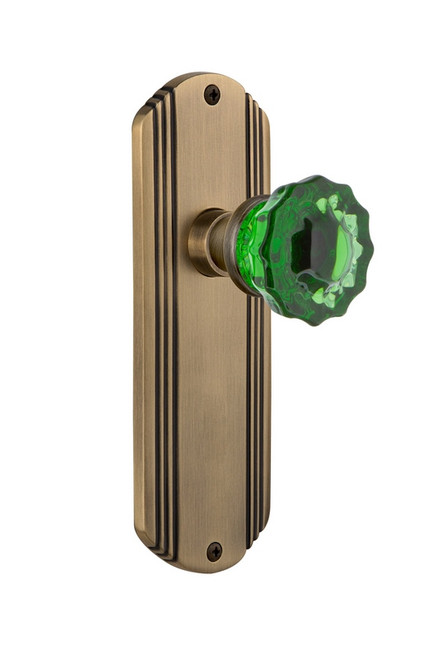 Nostalgic Warehouse - Deco Plate Passage Crystal Emerald Glass Door Knob in Antique Brass - DECCRE - 720436 - 2 3/8" Backset