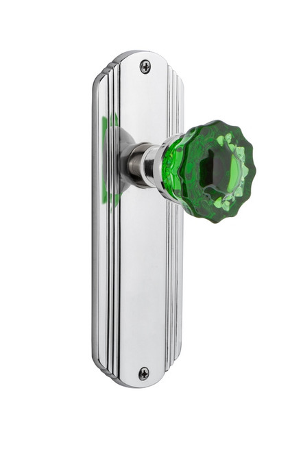 Nostalgic Warehouse - Deco Plate Passage Crystal Emerald Glass Door Knob in Bright Chrome - DECCRE - 720451 - 2 3/4" Backset