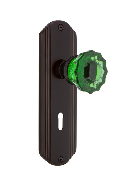 Nostalgic Warehouse - Deco Plate with Keyhole Passage Crystal Emerald Glass Door Knob in Timeless Bronze - DECCRE - 721443 - 2 3/4" Backset