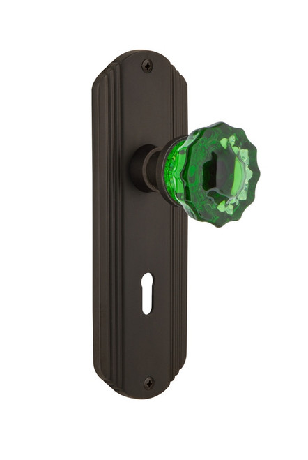 Nostalgic Warehouse - Deco Plate with Keyhole Privacy Crystal Emerald Glass Door Knob in Oil-Rubbed Bronze - DECCRE - 725354 - 2 3/4" Backset