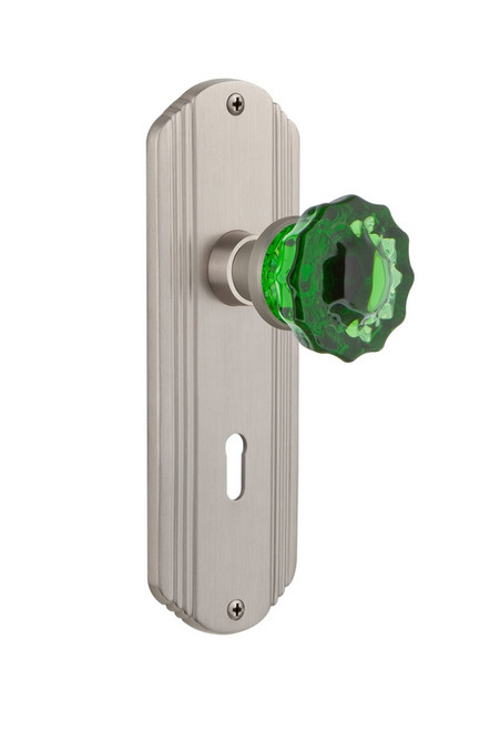 Nostalgic Warehouse - Deco Plate with Keyhole Privacy Crystal Emerald Glass Door Knob in Satin Nickel - DECCRE - 725360 - 2 3/4" Backset